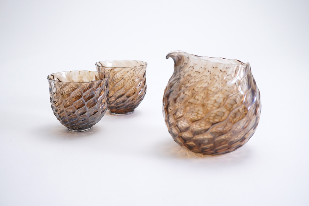 骨董　現代作家　富山ガラス工房　作家作品　縞模様　スカイブルー　かぶら型　花器 富山ガラス工房展示会 「リメルト・ブルーと富山の作家たち
